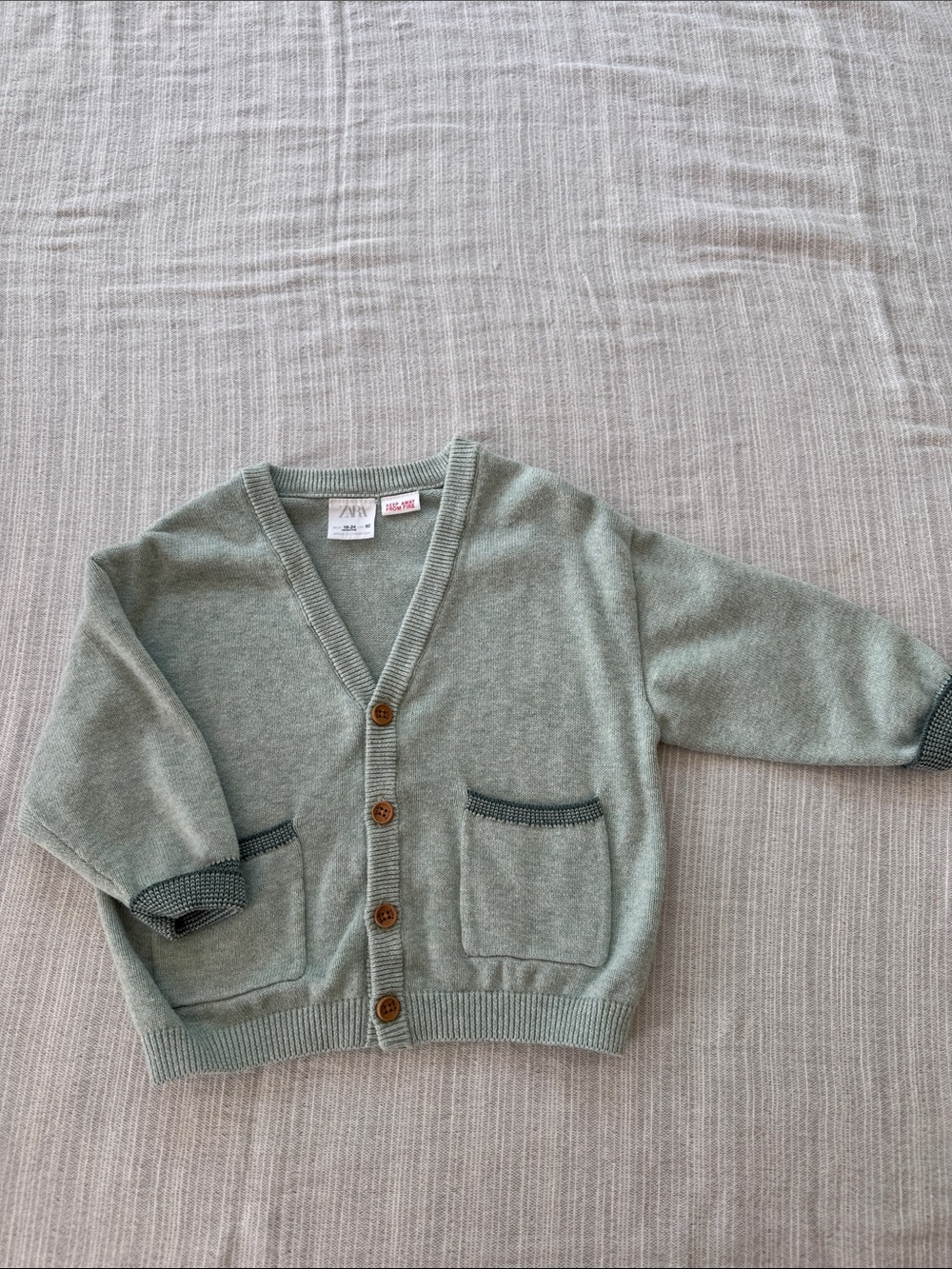 Zara Kids Light Sage Green V-Neck Cardigan with Contrast Trim